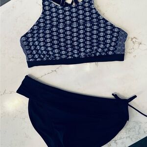 Athleta Navy and White Patterned Bikini Set, M bottoms, 36 B/C top